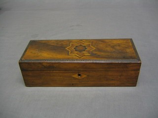 A 19th Century rectangular mahogany parquetry inlaid glove box with hinged lid decorated a star, 12"