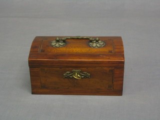 A 19th Century domed mahogany trinket box with hinged lid and brass handle 8"