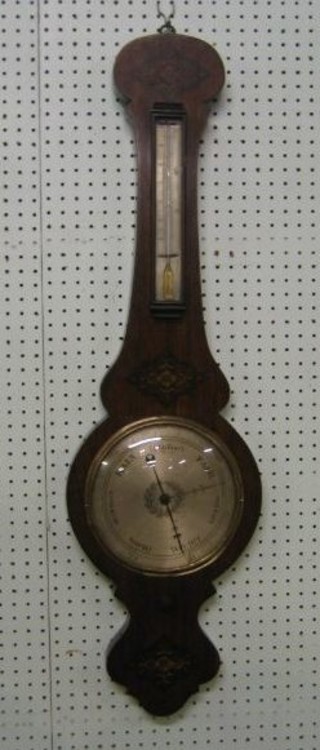 A 19th Century mercury wheel barometer and thermometer with 8" circular dial contained in an inlaid rosewood case
