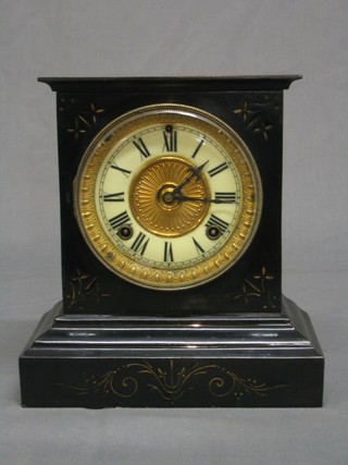 A 19th Century American 8 day striking mantel clock with porcelain dial and Roman numerals contained in a black iron case