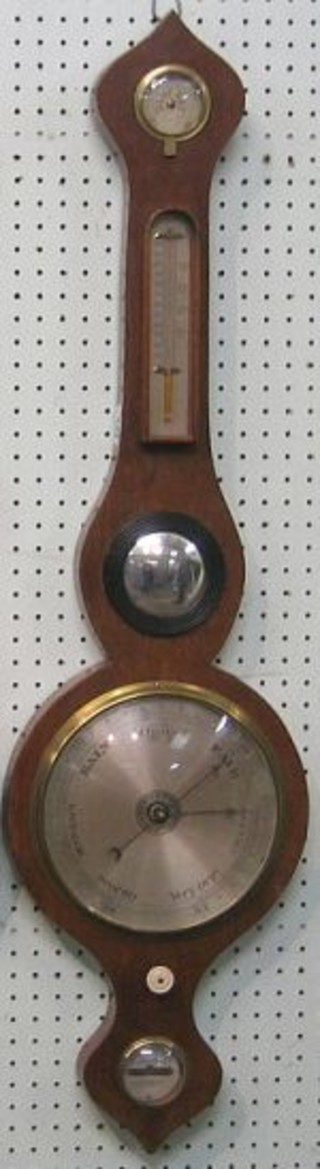 A 19th Century mercury wheel barometer and thermometer with silvered dial, damp/dry indicator, thermometer mirror and spirit level