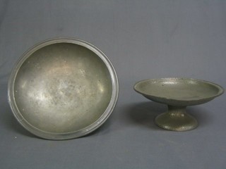 A circular pewter bowl, the base marked Haystay 12" and a planished British Pewter pedestal bowl marked 368 10"