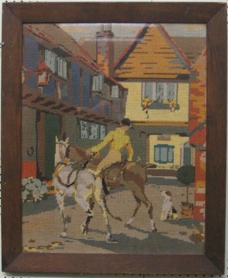 A Berlin woolwork panel depicting huntsman with 2 horses and hound in a courtyard 21" x 17" contained in an oak frame