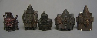 A carved Eastern hard wood mask 4" and 4 other