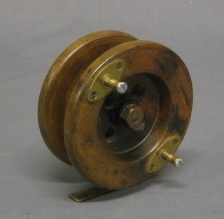 A 19th Century brass and mahogany Alcock fishing reel 3 1/2"