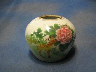 An Oriental porcelain ginger jar decorated stag by flowers, the reverse with characters 8" (no lid)