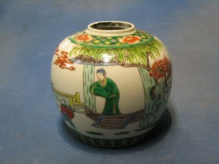A 19th Century Oriental ginger jar decorated court figures, 6" (no lid)