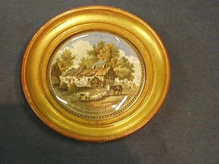 A 19th Century Prattware pot lid "The Residence of Anne Hathaway, Shakespeare's Wife, Shottery, Near Stratford Upon Avon" contained in a gilt frame 