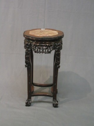 A Padouk wood jardiniere stand with pink veined marble top 14"