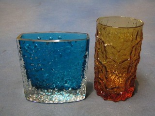 A Whitefriars cylindrical brown crackle glass vase 5" and a boat shaped Whitefriars style blue glass vase 4"