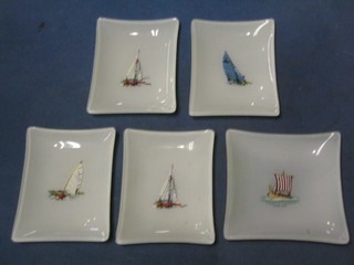 4 rectangular glass ashtrays decorated yachts 5" and 1 other decorated a long boat 4"