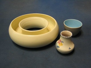 A circular Poole Pottery magnolia white flower ring, with impressed Poole Pottery mark 7", a Poole Pottery sugar bowl and a Poole Pottery vase with rubber stamp mark 3"