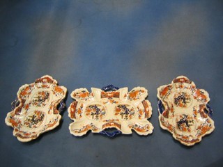 Ensuite with the foregoing lot - A shaped Ironstone china twin handled dish (some chips) 11" and a pair of oval shaped twin handled dishes 11", all decorated pagodas (f and r)