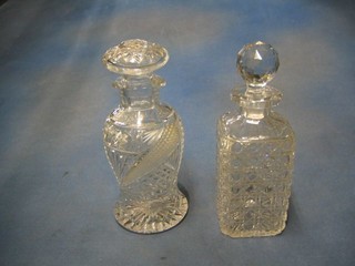A hobnail cut glass spirit decanter and a mallet shaped decanter
