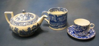 A 19th Century blue and white Copeland Spode pottery mug decorated landscape, a shaving mug, a blue and white Willow pattern bowl, do. teapot, 2 cups and saucers, rectangular dish in the form of celery and 1 other dish (f)