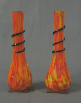 A pair of club shaped End of Day vases 14" and a Bohemian cut glass trumpet shaped vase 9", cased
