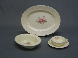 A 33 piece Spode Jewel pattern dinner service comprising 2 oval meat plates (1 cracked), 10" square bowl, 10" oval dish, 11  - 11" dinner plates (1 chipped), 6 - 8" side plates, 6 - 7" saucers, 5 twin handled soup bowls (3 cracked)