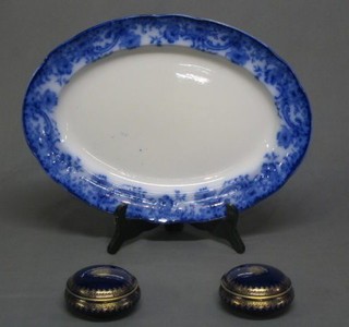 A pair of circular Limoges porcelain powder jars with gilt banding 4" and an oval blue and white meat plate