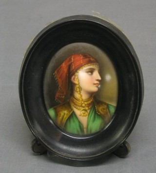 19th Century Eastern portrait miniature on porcelain plaque "Lady" 3"
