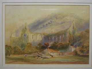 An 18th/19th Century watercolour "Ruined Abbey with Cottage and Figures" 11" x 16"