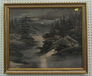 A1930's Oriental painting on silk (cord-velvet work) "Moonlit Landscape" 16" x 20"