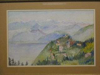 Watercolour "Alpine Scene with Lake" indistinctly signed 12" x 19"
