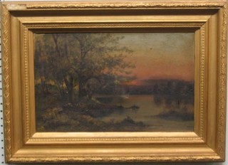 MT, an oil painting on canvas "River Bank at Dusk" monogrammed and dated 1905 10" x 16"
