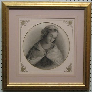 A 19th Century head and shoulders portrait drawing "Young Lady" 8" circular