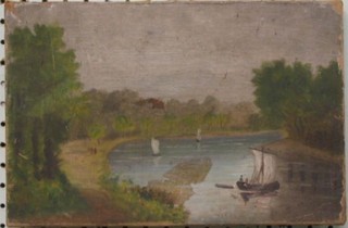 A 19th Century naive oil painting on canvas "River With Sailing Boats and Tow Path" 8" x 12"