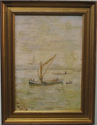 19th Century oil painting on board, impressionist scene "Barge with Buildings in Distance" monogrammed and dated 1897? 11" x 7"