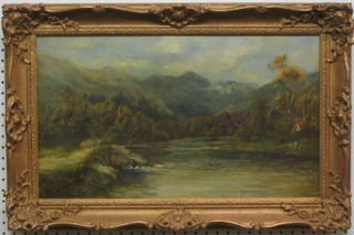 A  20th Century oil painting on canvas "Study of a Loch with Mountains and Sheep" 11" x 19"