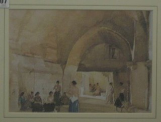 After Sir William Russell Flint, a coloured print "Arched Area with Standing Ladies" 7" x 10" in a walnut frame