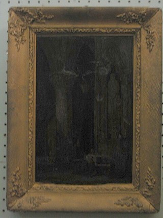 An 18th/19th Century oil painting on card "Interior Study of a Temple, Figures Praying by a Shrine" 10" x 7"