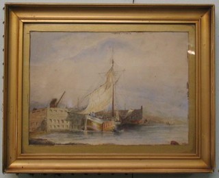 A 19th Century watercolour "Thames Barge at Dock" 6" x 8"