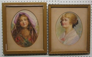 2 19th Century oval portraits "Young Ladies" 9", one monogrammed ET