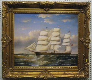 A reproduction oil painting on canvas "Three Masted Merchant Ship in Heavy Sea" 19" x 22"