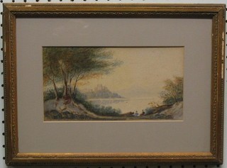 A 19th Century impressionist watercolour "Bay with Castle and Figures in Distance" 4" x 9"