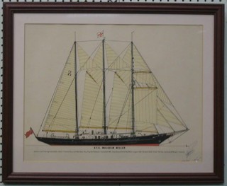 A limited edition coloured print "S.TS Malcolm Miller" signed by the Captain and artist 13" x 17"
