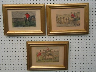 3 reproduction coloured hunting prints "Mr Jollocks Has a Buyday, Mr Buntings Shocking Bad Horse and Hunting The Hounds" 5" x 6" 