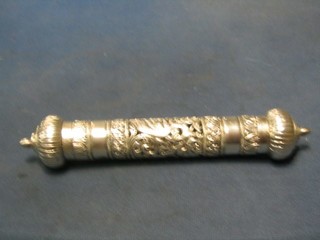 A pierced Eastern silver parchment or scroll holder 8", marked 800, 4"