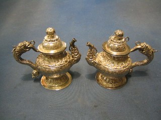 2 small Eastern embossed silver teapots with dragon handles 4",  13 ozs