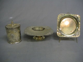 A French circular silver plated sucrier with hinged lid 3 1/2", 2 pierced silver plated bowls and a silver plated ewer