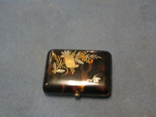 A 19th Century tortoiseshell and piquet stamp box with hinged lid (f), 2"