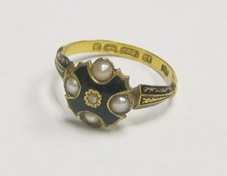 A 19th Century 15ct gold and enamel mourning ring set demi-pearls