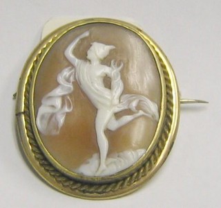 A 19th Century shell carved cameo brooch decorated Mercury, contained in a gilt metal mount