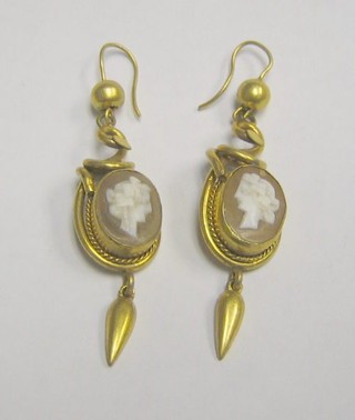 A pair of 19th Century gilt metal and shell carved cameo portrait earrings