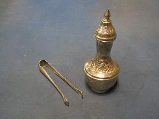 An Eastern engraved silver baluster shaped urn and cover 6" and a pair of silver plated sugar tongs