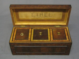A Victorian figured walnutwood 3 compartment tea caddy the interior marked Ethel, 12"