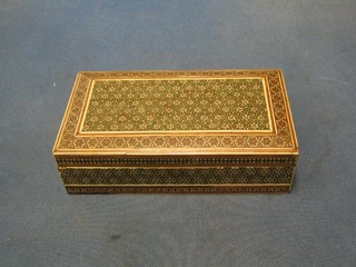 A rectangular Moorish box  with hinged lid 7", a pair of Benares brass 3 light candelabrum, a coffee pot, a compact, an etched glass bowl and 4 small glass bowls