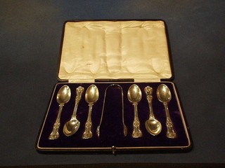 A set of 6 Victorian silver Queens pattern teaspoons and matching tongs, London 1872, 9 ozs, cased